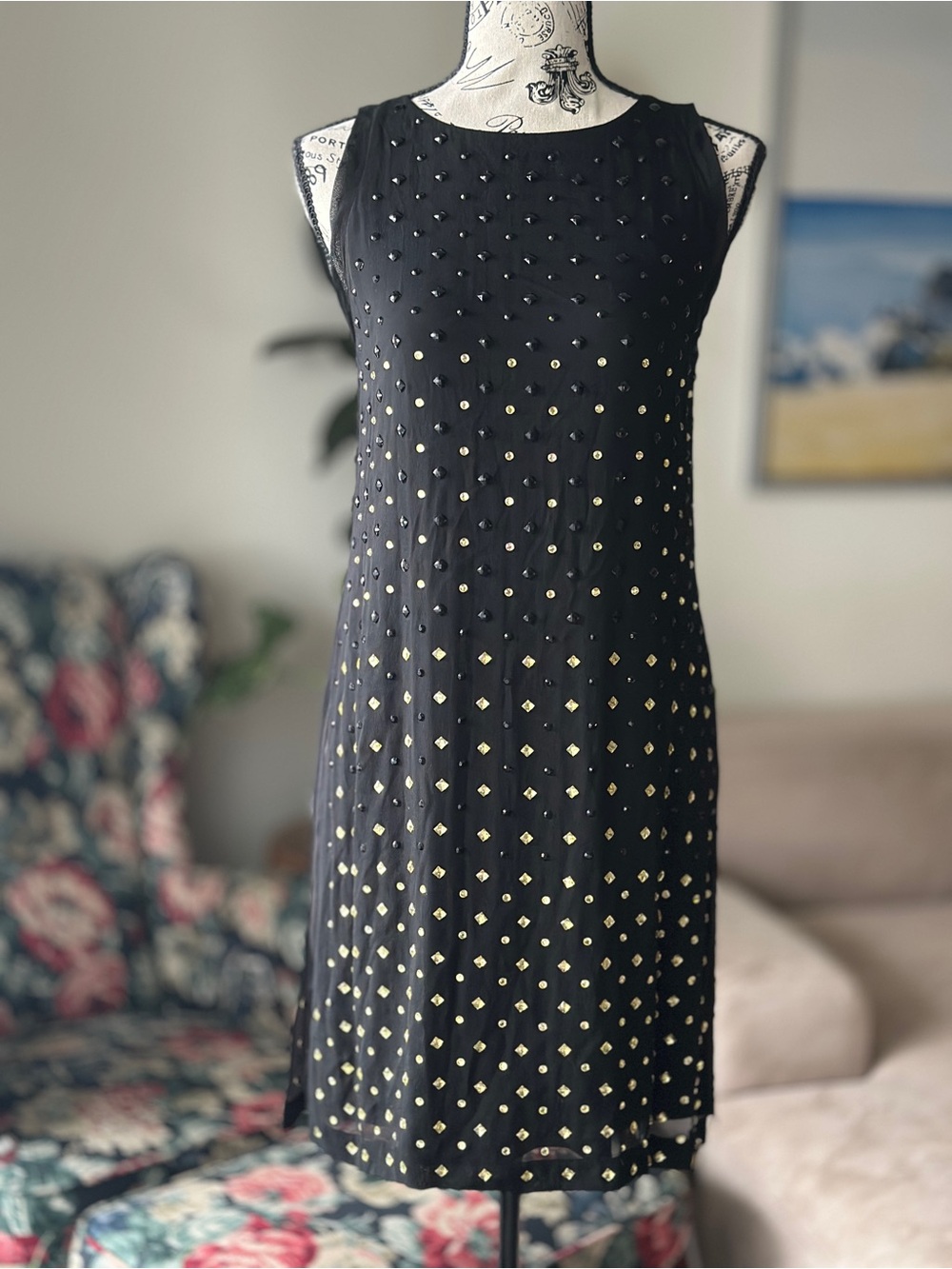 Diane Von Furstenberg Black Shift Dress with Gold Stud Accents
